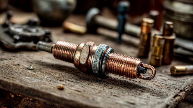 Focused shot on a copper spark plug resting on a workbench with blurred tools and parts behind emphasizing the renewal of classic ignition components.