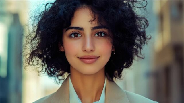 A candid and warm videograph of a smiling, fashionable young woman standing against an urban backdrop.