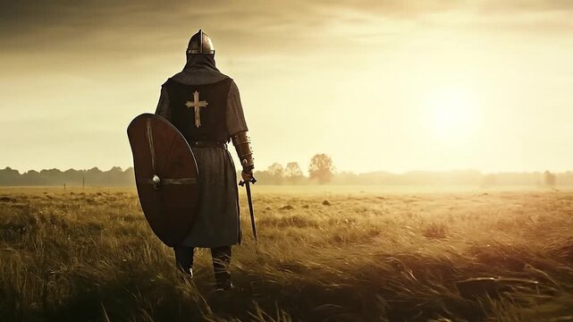 Armored historic crusader warrior holding shield and sword looking at empty battlefield view from back. Generative AI