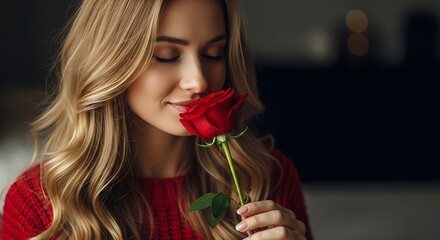 Woman with flowing blonde hair closes eyes to inhale the fragrance of a vibrant red rose