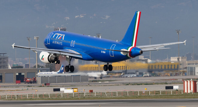 Barcelona, Spain - January 16, 2026: Airplane ITA Airways airline lands on the runway in an airport Josep Tarradellas city of Barcelona