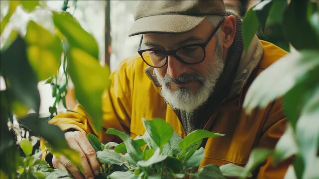 A bearded man in overalls tending a green tea plantation.