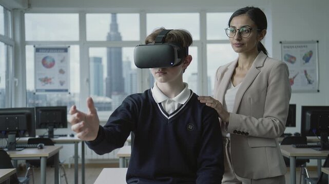Teacher guides student wearing VR headset in classroom during lesson. Scene highlights modern education and technology integration. Ideal for edtech and future learning concepts.