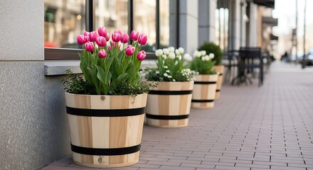 Wooden planters on a brick-paved sidewalk, blooming tulips near a building's window