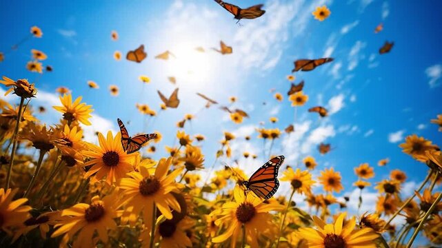 Bottom view of flying butterflies nearly yellow blooming flowers in summer. Beautiful insects with patterns on wings. Warm sunny day. Generative AI