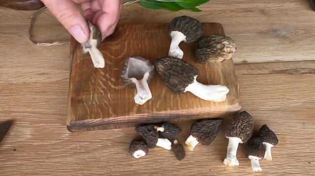 Processing Black Morel or Morchella conica mushrooms and preparing them for drying, cutting a notch in the handle for easier hanging on the thread and cutting them in half for easier and faster drying