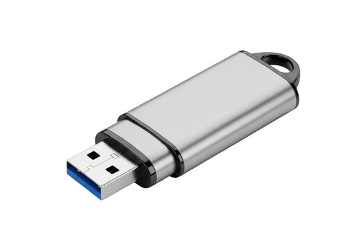 Usb flash drive with metal casing and keychain attachment isolated on transparent background