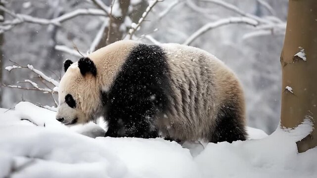 Cute panda in snowy forest. Furry animal in cold winter weather. Fluffy herbivore walking between trees. Generative AI