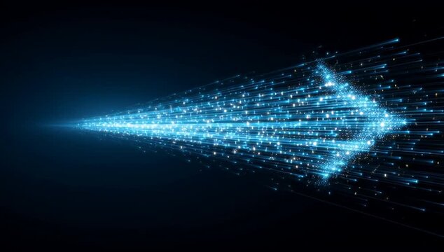 a blue light ray in the shape of an arrow moving from left to right, leaving behind it a trail that forms another large and long line with many small dots on a black background Generative AI