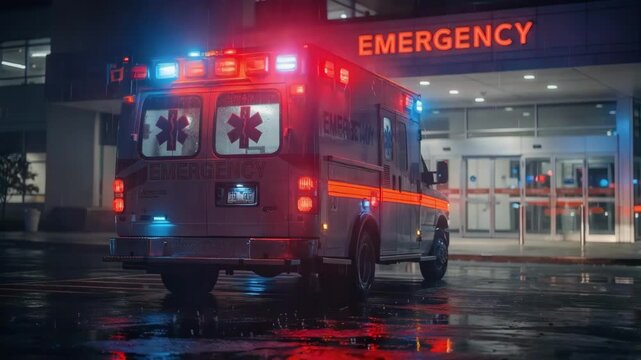 Glowing neon ambulance rear illuminated by hospital emergency signage on a rainy evening medium shot highlighting bright reflections and subdued hazy background.