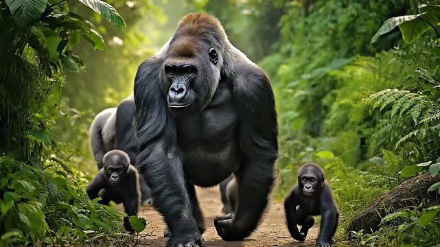 Gorilla family in green forest. Group of herbivores having a walk and spending time together. Wild mammals looking at camera. Generative AI