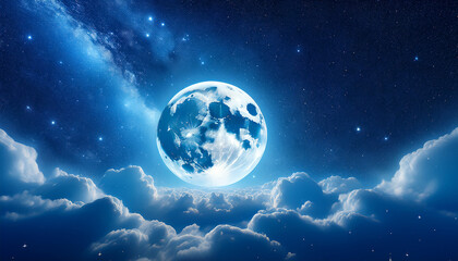 Obraz premium Beautiful Blue Astrological Background With A Full Moon Emerging From Clouds With A Scattering Of Stars