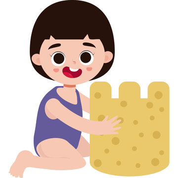 Kid Building Sandcastle on Beach Cute Cartoon summer illustration element 