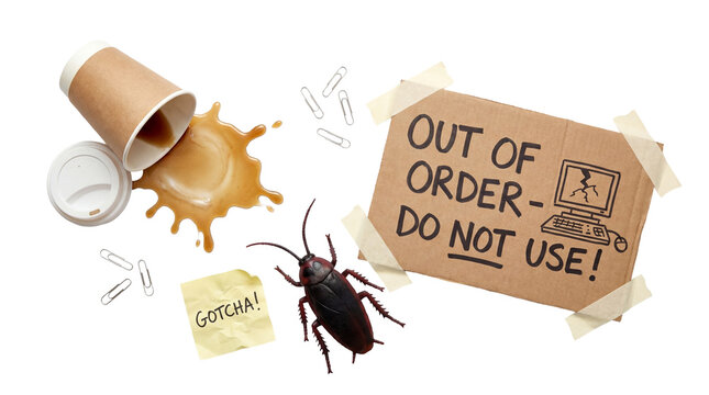 Office prank items including spilled coffee and fake cockroach on transparent background
