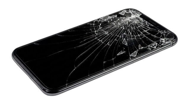 Broken smartphone screen on transparent background