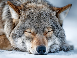 Fototapeta premium Sleeping wolf resting peacefully on snowy ground with closed eyes in a calm winter wilderness scene showcasing natural wildlife beauty and tranquility