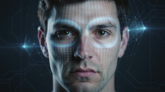 Close up man face with digital binary code and biometric eye scanning overlay. This represents future AI security and identity verification. Ideal for technology concepts.