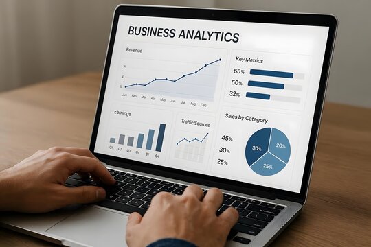 businessman working on laptop Business analytics UI with graphs, clean SaaS layout