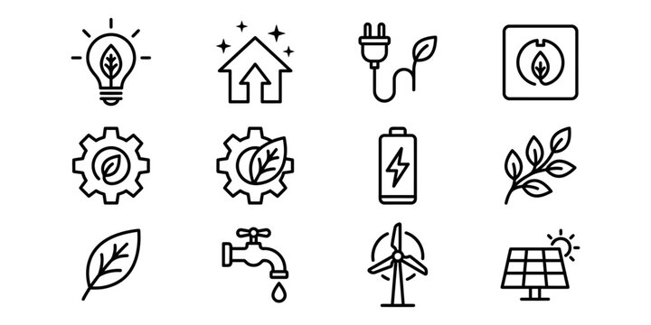 Green energy and sustainability icons: lightbulb, house, plug, leaf, gear, battery, plant branch, solar panel, windmill Vector Icon Bundle