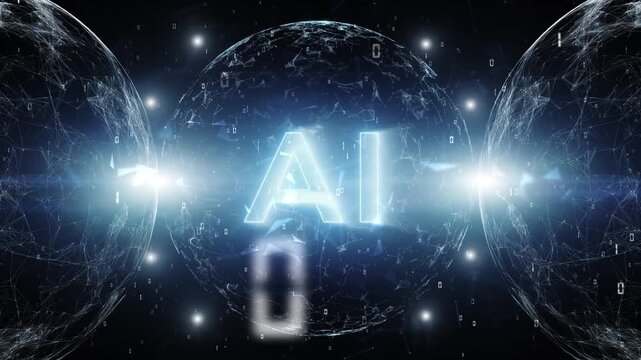 Futuristic AI visualization with glowing artificial intelligence text at the center, surrounded by interconnected digital spheres, binary data streams and network structures. Seamless looping.