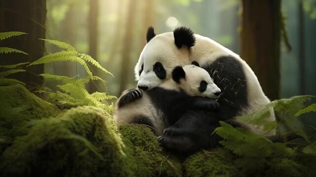 Panda mum with baby sitting in forest together. Animal family spending time together at wild nature. Two herbivores outdoor on calm sunny day. Generative AI