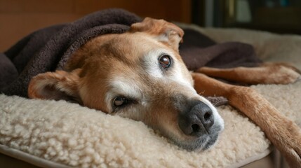 Obraz premium senior dog adoption, a serene senior labrador mix dog, peacefully resting on an orthopedic bed in a sunlit corner of an animal shelter, seeks a forever home