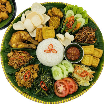 A vibrant and diverse tumpeng served with various side dishes on a decorative plate isolated on transparent background