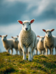 Fototapeta premium Young lamb standing on lush green grass with a group of sheep blurred in the background under a dramatic cloudy sky on a pastoral landscape