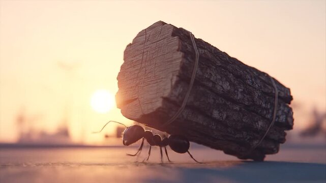 Animated ant carrying log against sunset sky illustrating effort