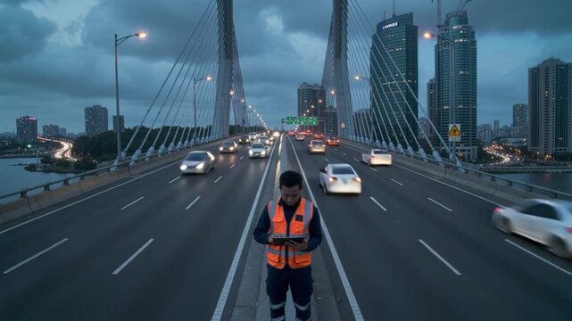 Asian engineer in safety vest uses tablet on suspension bridge at dusk with blurred traffic. Concept of infrastructure maintenance and smart city technology. Ideal for industrial ads.