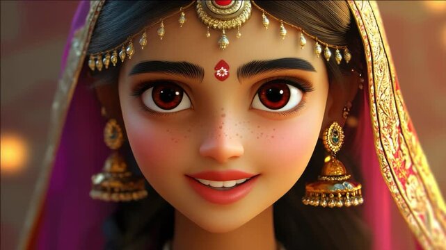 A bride with a dramatic red lip and eye transformation, wearing traditional Indian wedding jewelry.