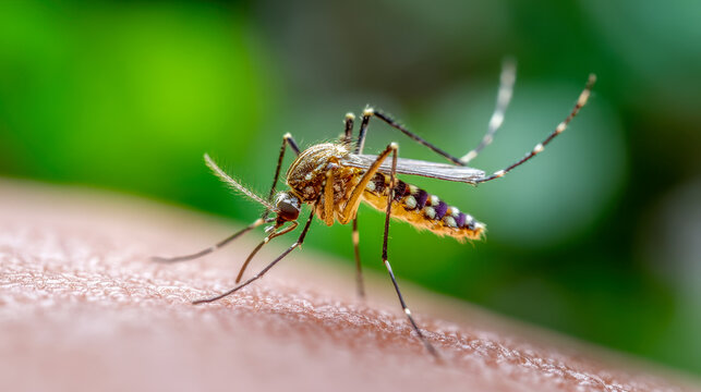 Detailed macro photography of a mosquito feeding on human skin with a vibrant green blurred natural background showing intricate insect features and textures