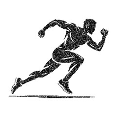 Fototapeta premium Textured black silhouette of a male runner captured in a dynamic sprinting pose, symbolizing speed and athleticism isolated on white transparent background vector design