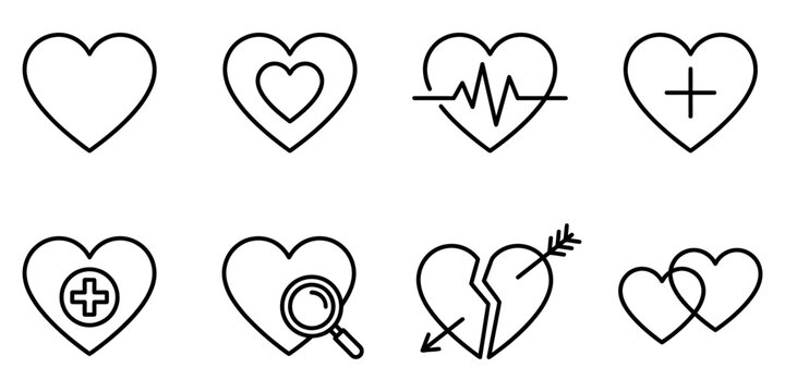 Heart icon variations: simple heart, double heart, heartbeat line, heart with cross, heart with magnifier, broken heart, linked hearts Vector Icon Bundle