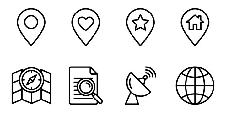 Collection of map and location marker line icons, featuring pin, compass, satellite dish, and globe symbols. Vector Icon Bundle