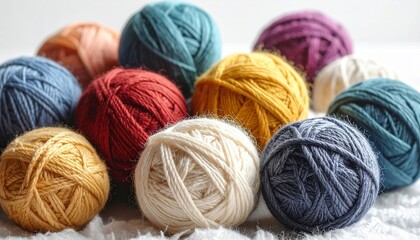 Assorted colorful organic wool yarn balls on white textured carpet for cozy home knitting crafts