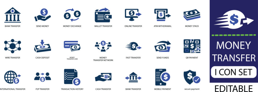 money transfer icon set - solid icon collection vector illustration design. "Fast, secure, and reliable money transfer service connecting people globally, ensuring seamless transactions anytime, anywh