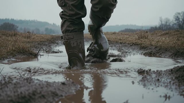 Close up of legs in rubber boots stepping into mud puddle. Scene conveys wet weather hiking mood. Ideal for outdoor adventure and autumn concepts.