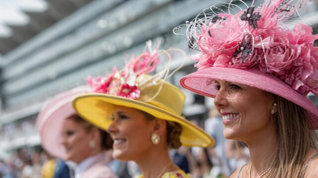 women in ornate hats at racecourse, smiling spectators in pastel millinery, closeup profiles of stylish guests with layered grandstand in background, festive