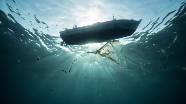 Underwater view of ocean plastic pollution with a discarded bag floating beneath a boat silhouette and bright sun rays, illustrating the environmental crisis in the marine ecosystem