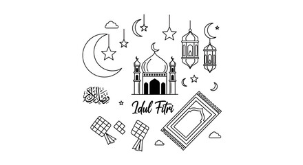 Black and white Idul Fitri themed illustration featuring crescent moon, mosque, lantern, prayer mat, and ketupat, minimalist style for Islamic and festive designs.