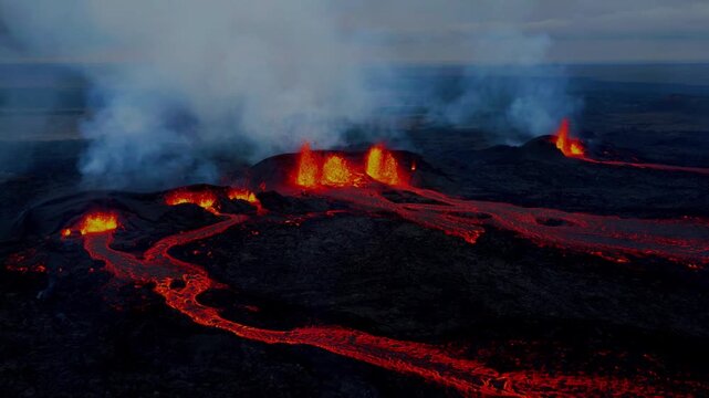 Aerial view of active volcno fissure eruption with fowing lava rivers