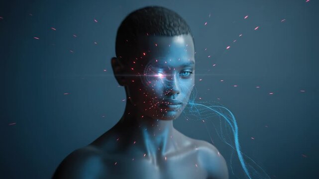 Close-up caucasian eye biometric scan capturing HUD rings and red retinal core, security analyst viewpoint, cyber interface overlay, floating particles and neon