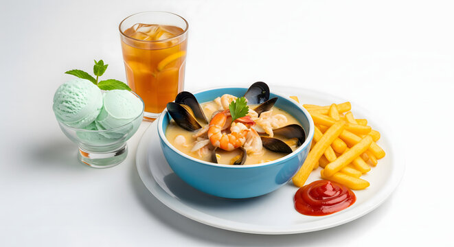 chupe de mariscos, served fresh, a side of french fries with ketchup, and a dessert of 2 scoops of mint ice cream. Fruit tea