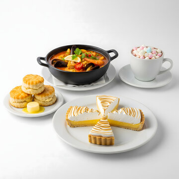 chupe de mariscos, served fresh, a side of some biscuits and butter, and a dessert of 4 slices of lemon meringue pie. A nice cup of hot chocolate and minature marshmallows