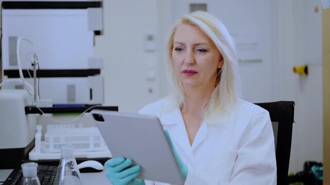 Blonde female scientist without mask and wearing rubber gloves recording experiment results on a tablet in a chemistry laboratory filled with flasks, beakers, and HPLC instruments