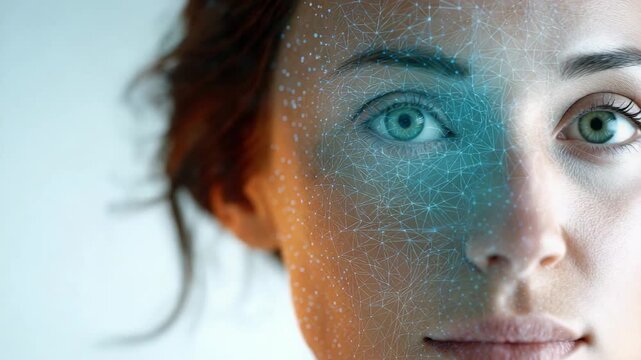 Artificial intelligence maps a woman's facial features creating a digital mesh for facial recognition, demonstrating advanced biometric security technology