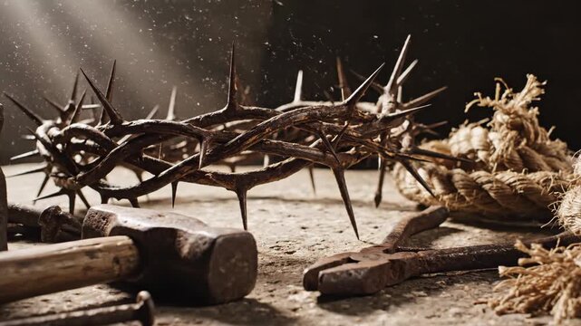 Crown of thorns and crucifixion nails on a stone surface. Symbols of the Passion of Christ including a hammer, pliers, and rope under dramatic lighting. Easter and Good Friday concept