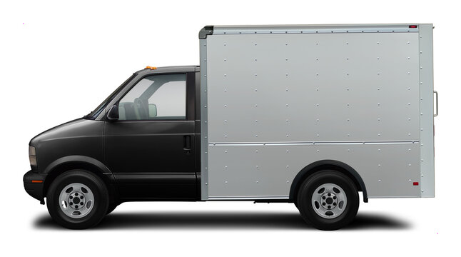 Classic compact american delivery truck side view. With white van and black cabin. In png format on transparent background.