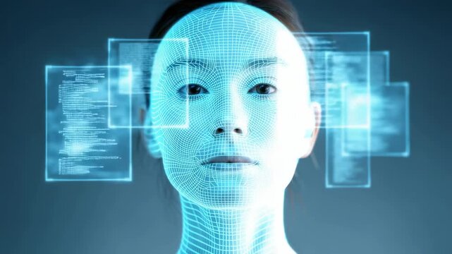 Digital wireframe human face representing advanced artificial intelligence processing, analyzing biometric data through intricate neural network visualization, showcasing deep learning technology